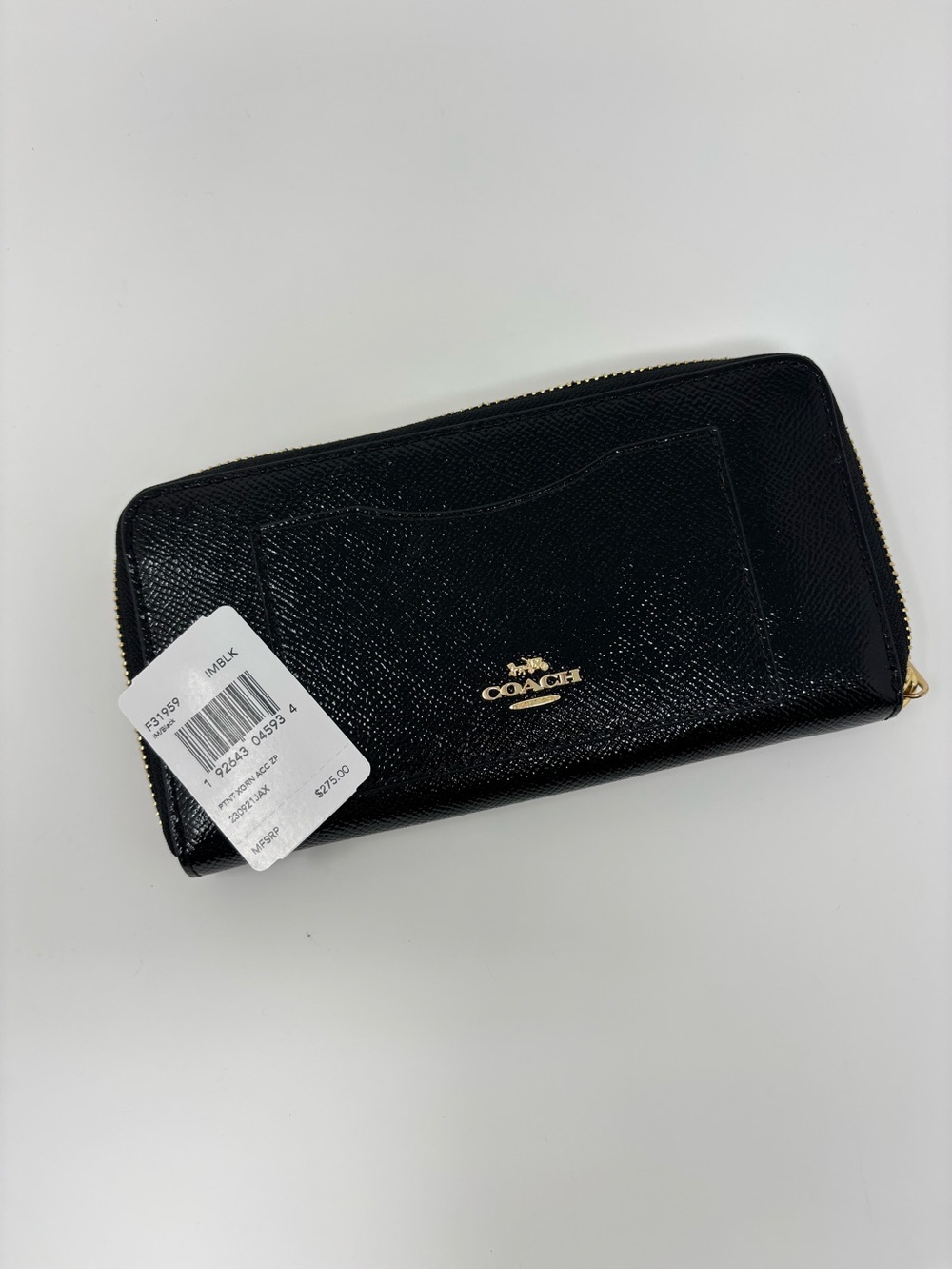 Coach Black Saffiano Zip-Around Wallet with Gold Logo